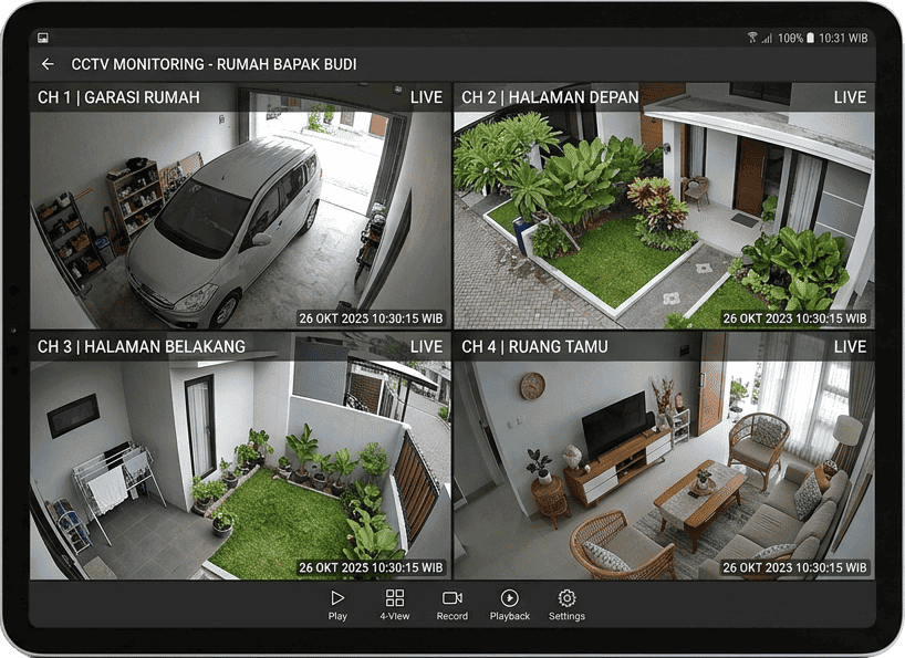 Live view CCTV 4 kamera realtime di tablet